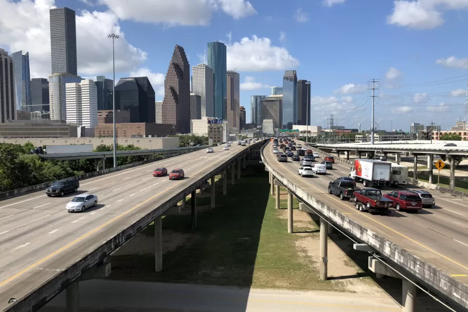 View south along Interstate 45 (North Freeway) from the ramp between westbound Interstate 10 and southbound Interstate 45 in Houston, Harris County, Texas